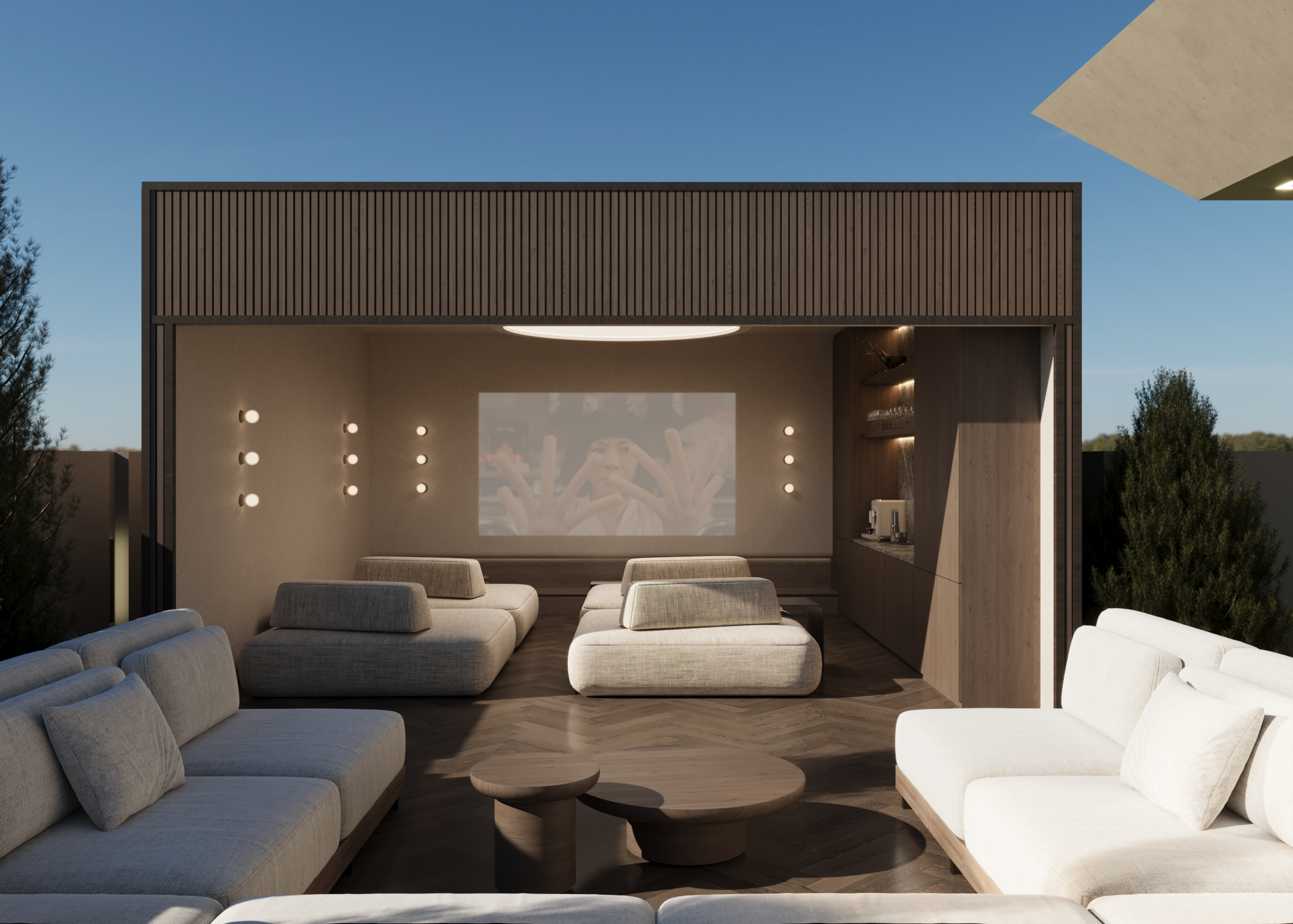 Cinema Pod with lounge seating and an integrated projection screen