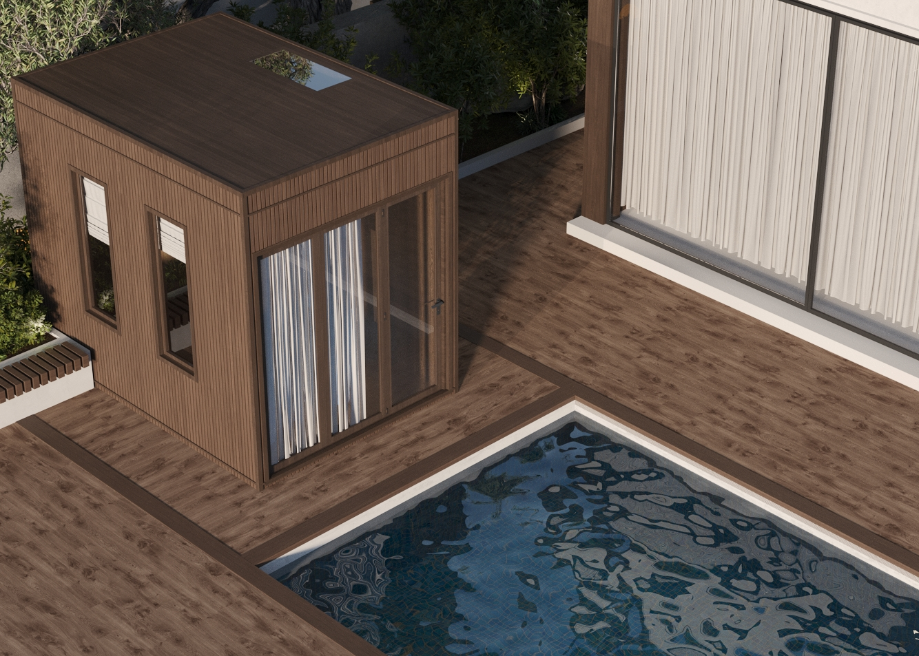 Compact poolside pod beside a villa swimming pool