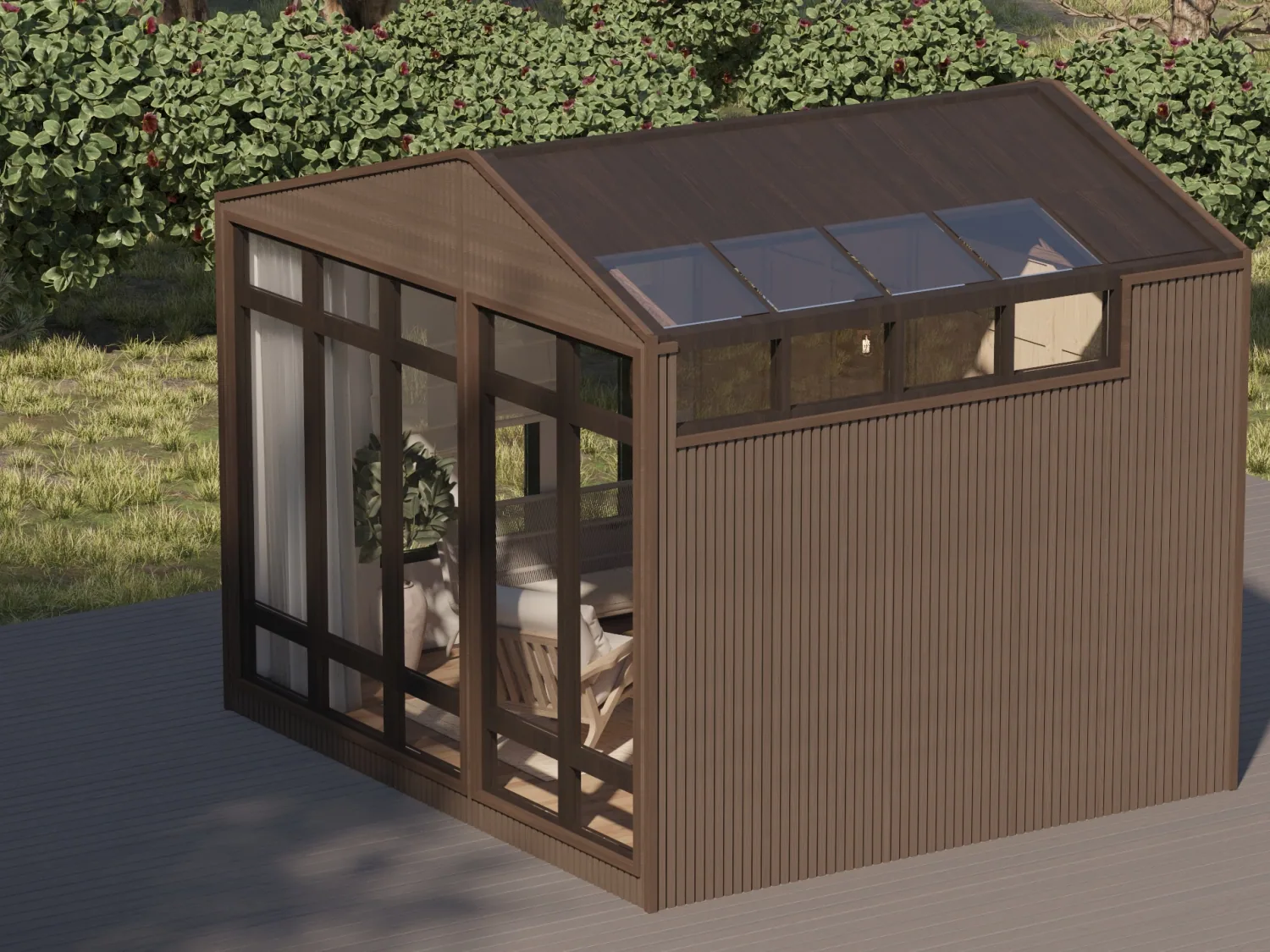 A finished Pods by Tér garden pod viewed from an elevated angle