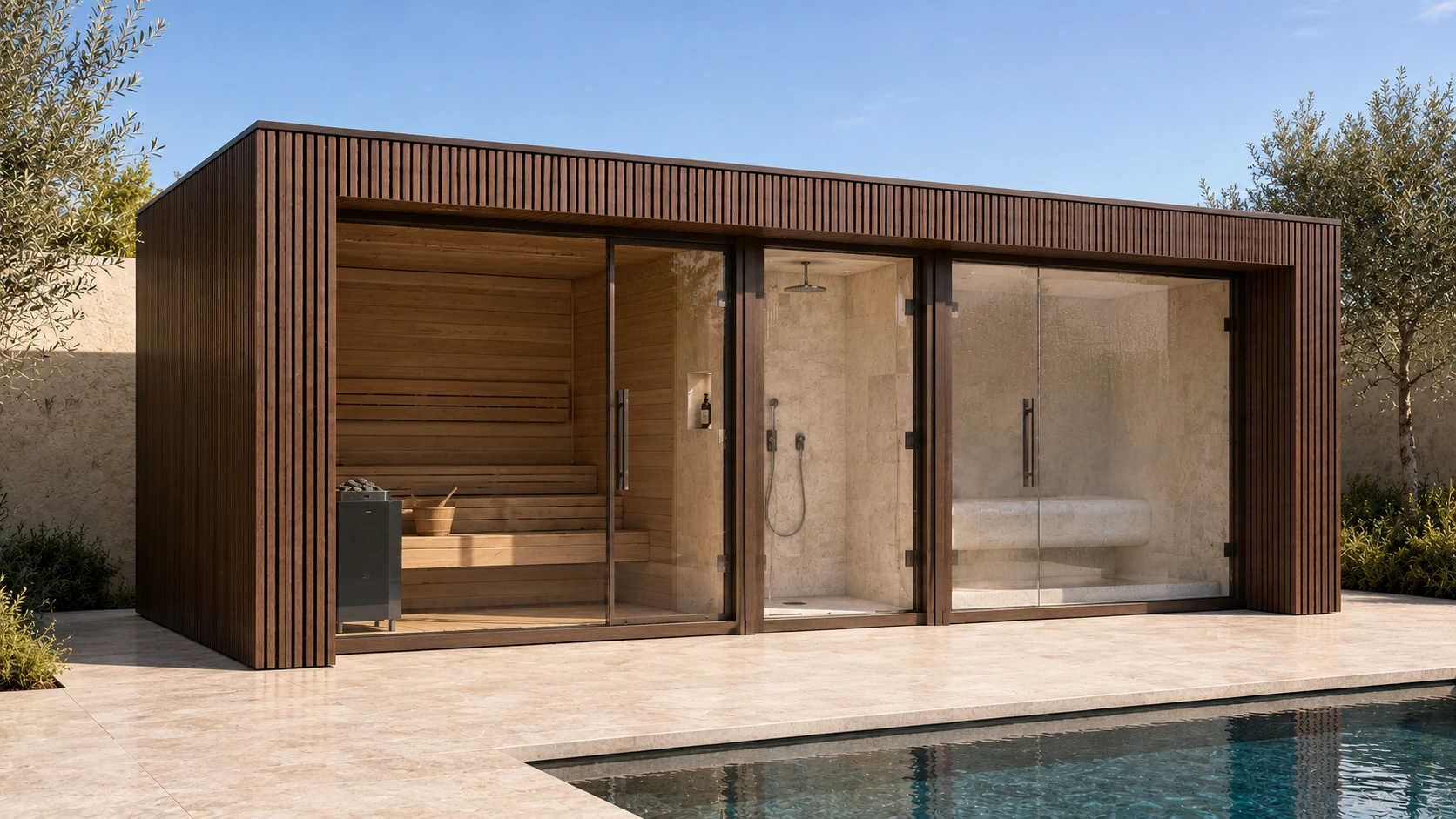 Daytime poolside Wellness Pod viewed from the left