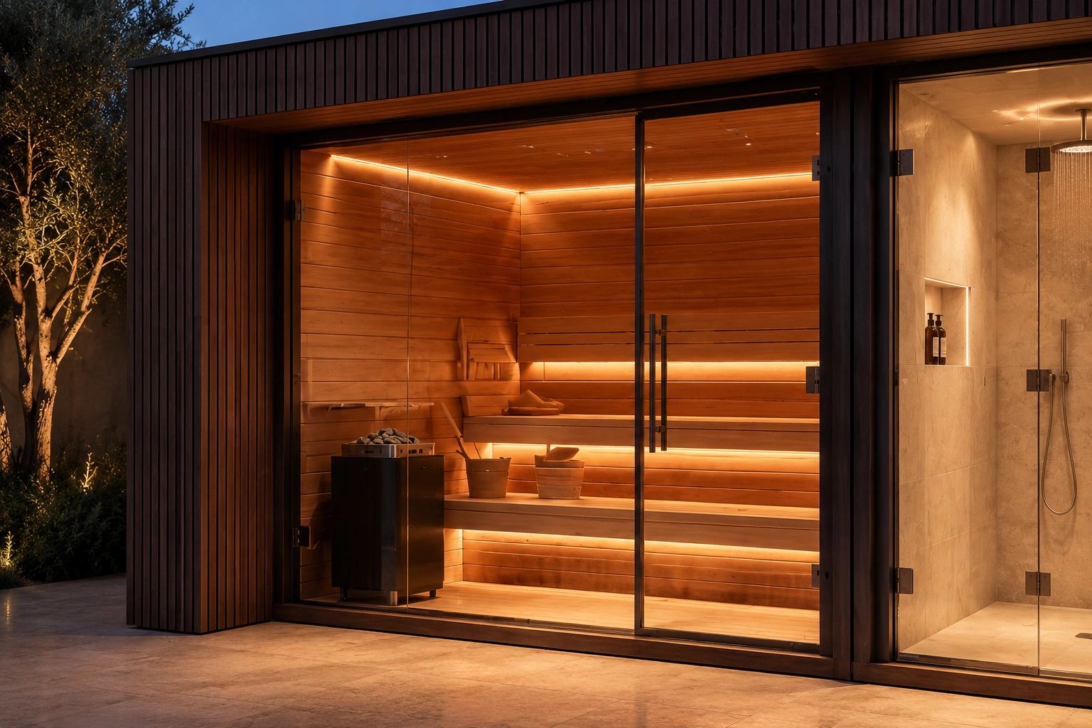 Close exterior view of the Wellness Pod sauna at night