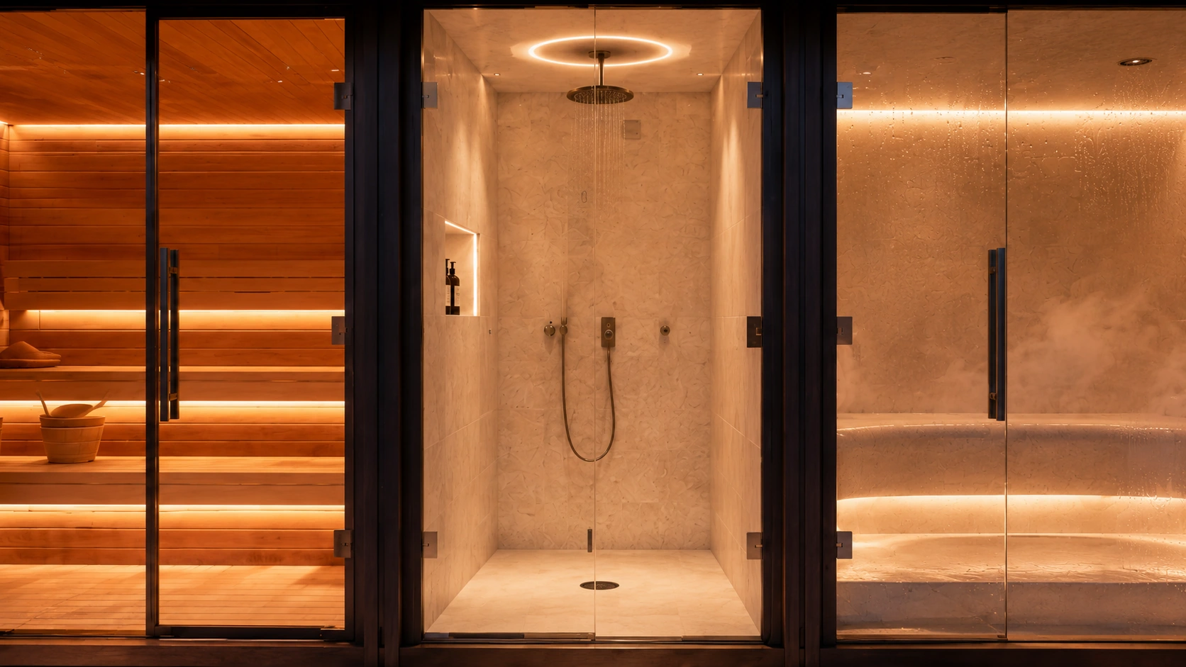 Straight-on night view of the Wellness Pod's three zones