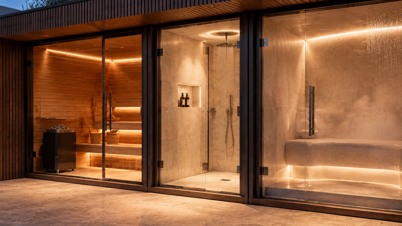 Close view of the illuminated glazed Wellness Pod façade